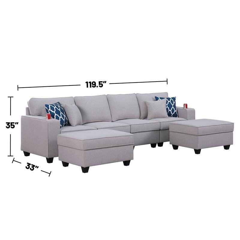 Linen Upholstered 4-Seater Sofa with 2 Ottomans in in Light Gray