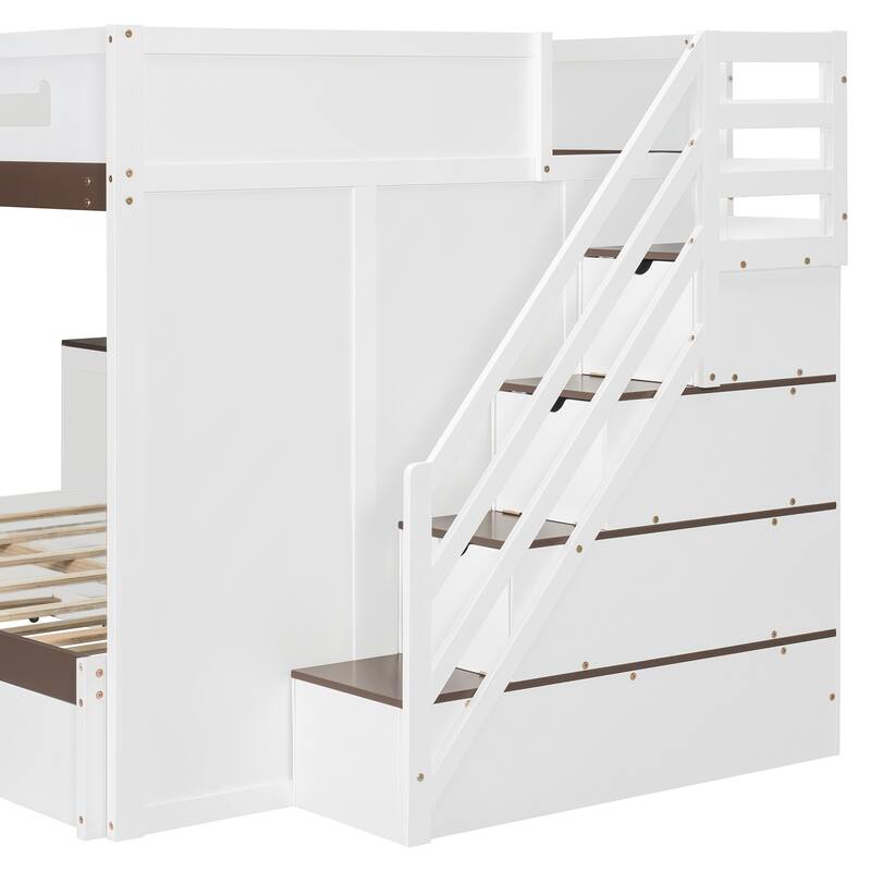 Full Over Full Bunk Bed with Twin Trundle, Staircase, Shelves & LED Lighting