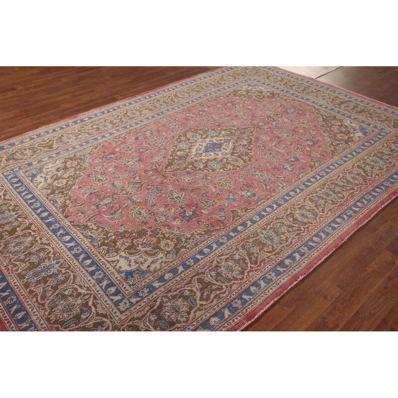 Distressed Pink Mashad Persian Vintage Rug Handmade Wool Carpet - 6'5"x 9'5"