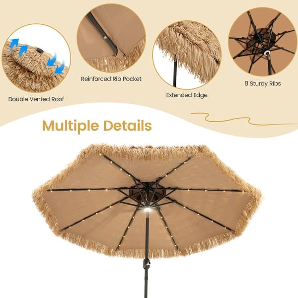 Gymax 9 Ft Solar Powered Thatched Tiki Patio Umbrella Beach 2 Tier