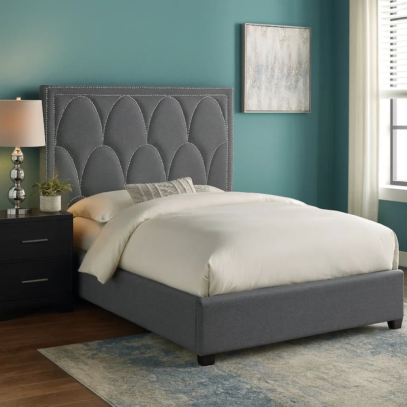 Bima Foam King Panel Bed, Nailheads on Scallop Headboard, Gray Upholstery