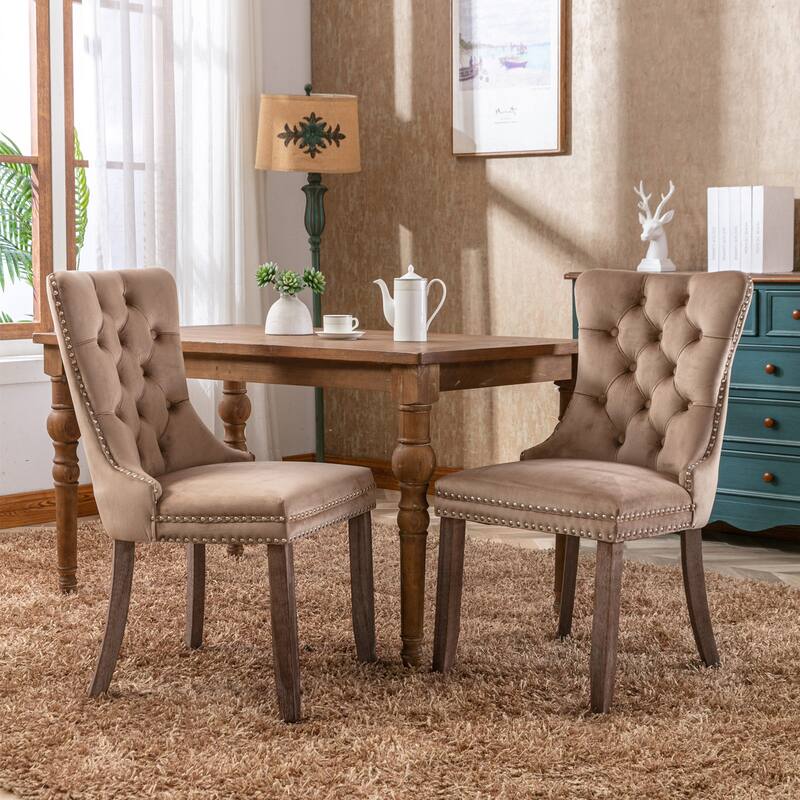 Set of 2 Modern High-End Tufted Solid Wood Upholstered Dining Chair with Nailhead Trim - Khaki-Velvet