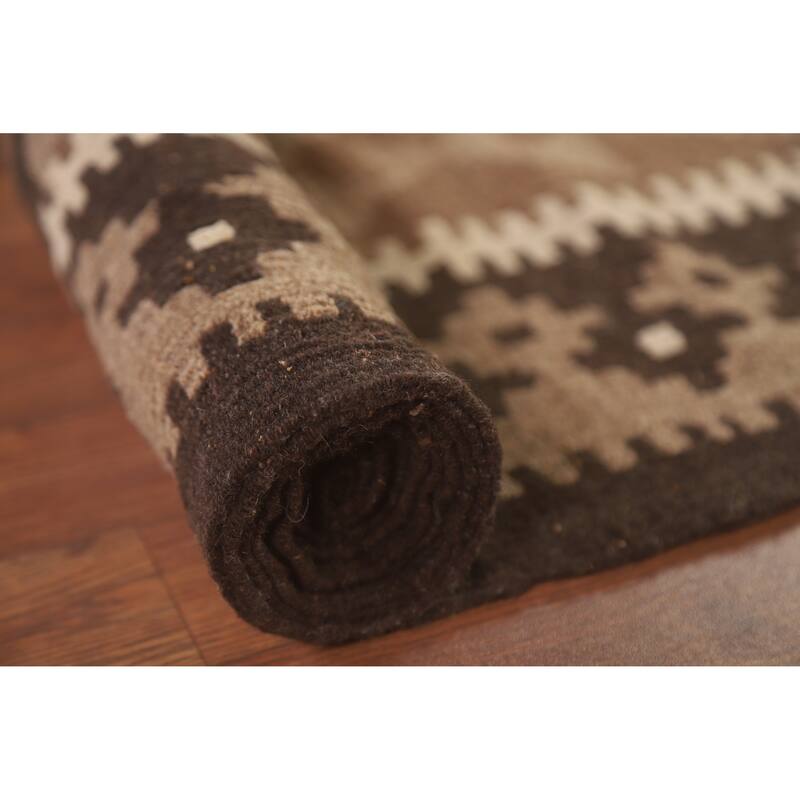 Hand Woven Oriental 100% Wool Carpet Southwestern Geometric Brown Kilim Area Rug - 9' 9'' X 6' 11''