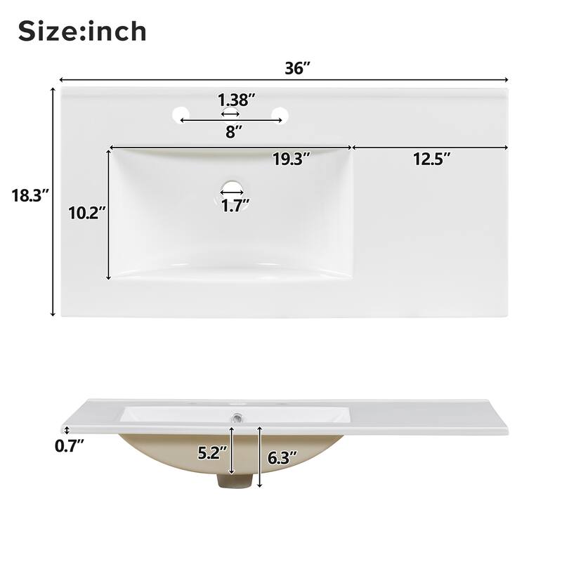 36" Wood Bathroom Vanity with Ceramic Sink, 3 Soft Close Drawers, 2 Doors & Adjustable Shelf, Solid Wood Frame