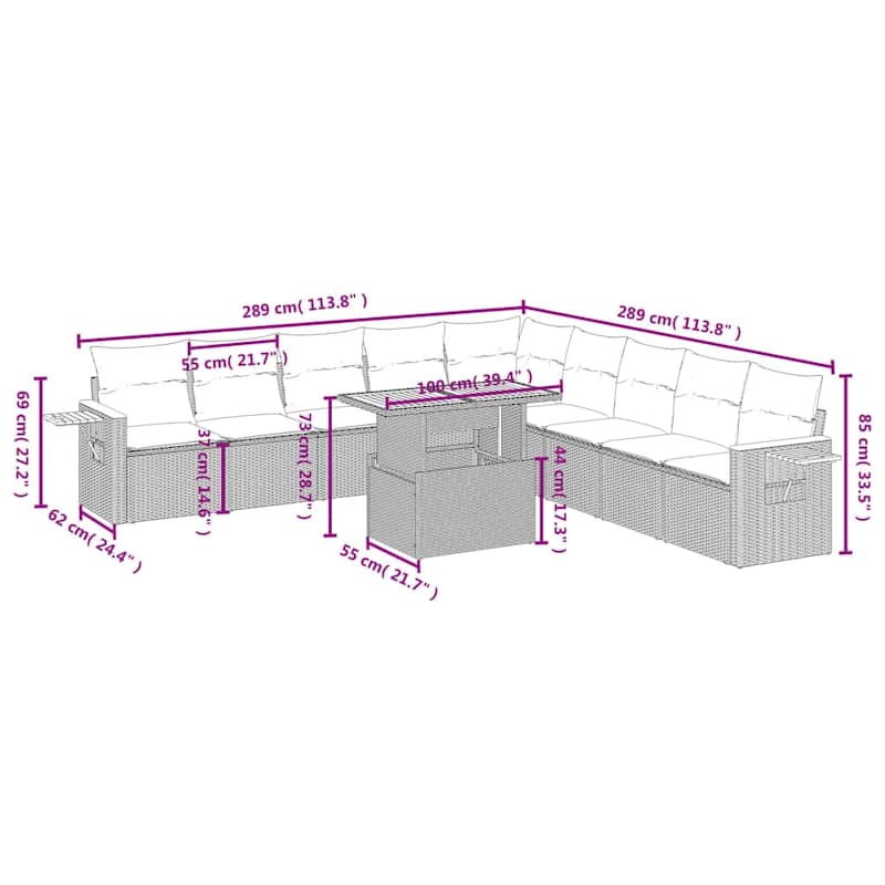 vidaXL Patio Sofa Set with Cushions Outdoor Furniture 11 Piece Poly Rattan - 21.7 x 39.4 x 28.7 in