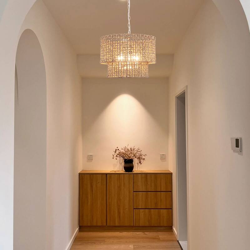 5-Light Metal 2-Tier Traditional Linear Drum Chandelier Pendant Light with Rattan Shade for Kitchen Island Dining Room