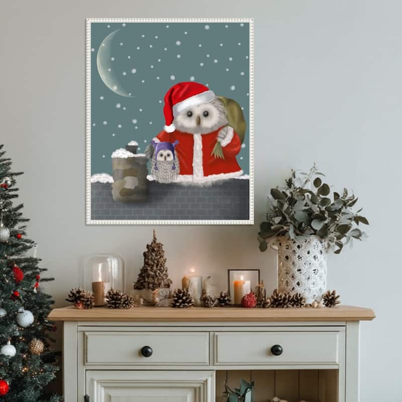 Christmas Santa Owl by Fab Funky (23 x 28 in.), Framed Canvas Wall Art Print - Sylvie Beaded White