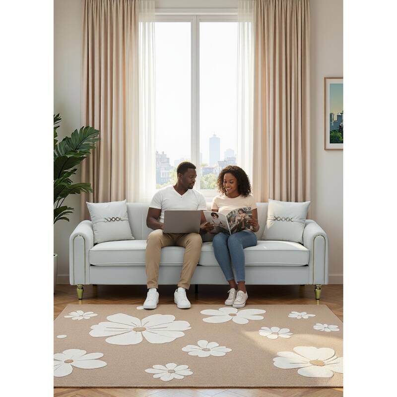 Roomfitters 87.4 Inch 3 Seater Elegant Modern Upholstered Sofa with Gold Metal Trim, Vertical Channel Tufted Back