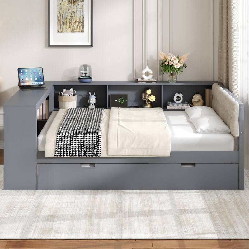 Upholstered Sofa Bed, Wood Daybed, L-shaped Bed Frame with Desk, Shelves, Charging Station, and Optional with Trundle or Drawers