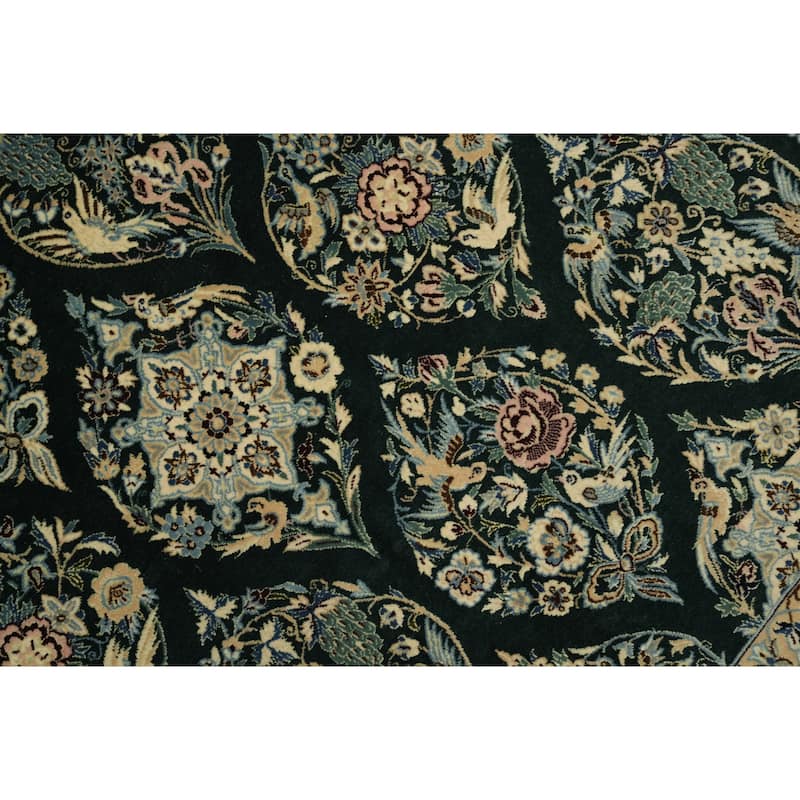 Hand Knotted Oriental Wool & Silk Carpet Traditional All-Over Navy Blue & Blues Nain Area Rug - 8' 3'' X 6' 7''