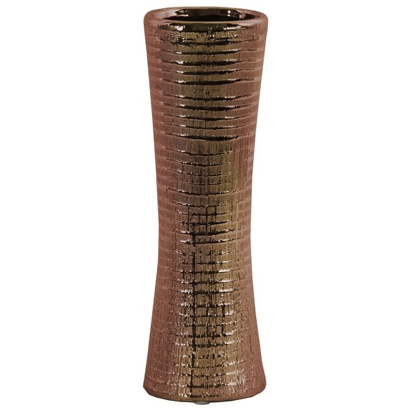 Ceramic Trumpet Mouth And Flared Bottom Ribbed Vase, Distressed Copper Finish