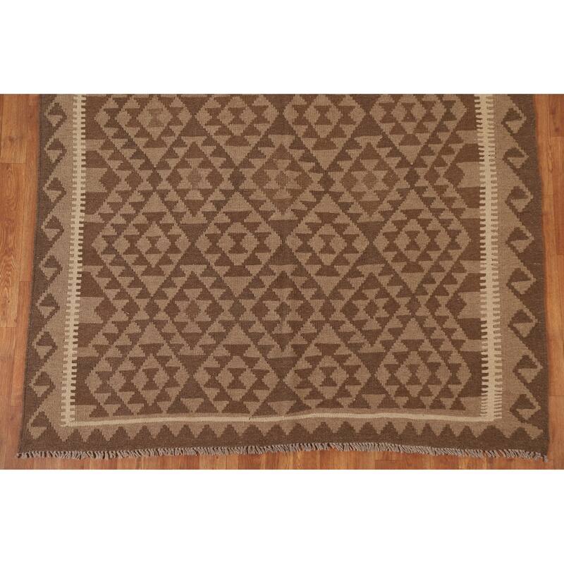 Reversible Kilim Oriental Area Rug Hand-woven Tribal Brown Wool Carpet - 5'3" x 8'3"