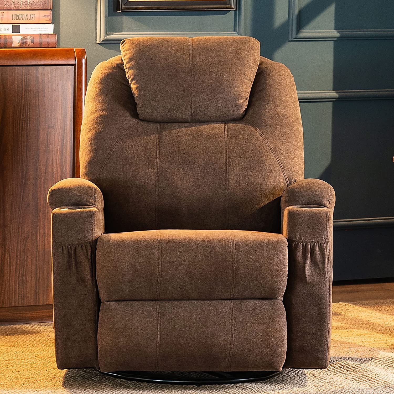 Mcombo Electric Power Swivel Glider Recliner Chair with Heat and Vibrating for Nursery, USB Ports, Pillow, Cup Holders, Remote Control, Fabric 7752