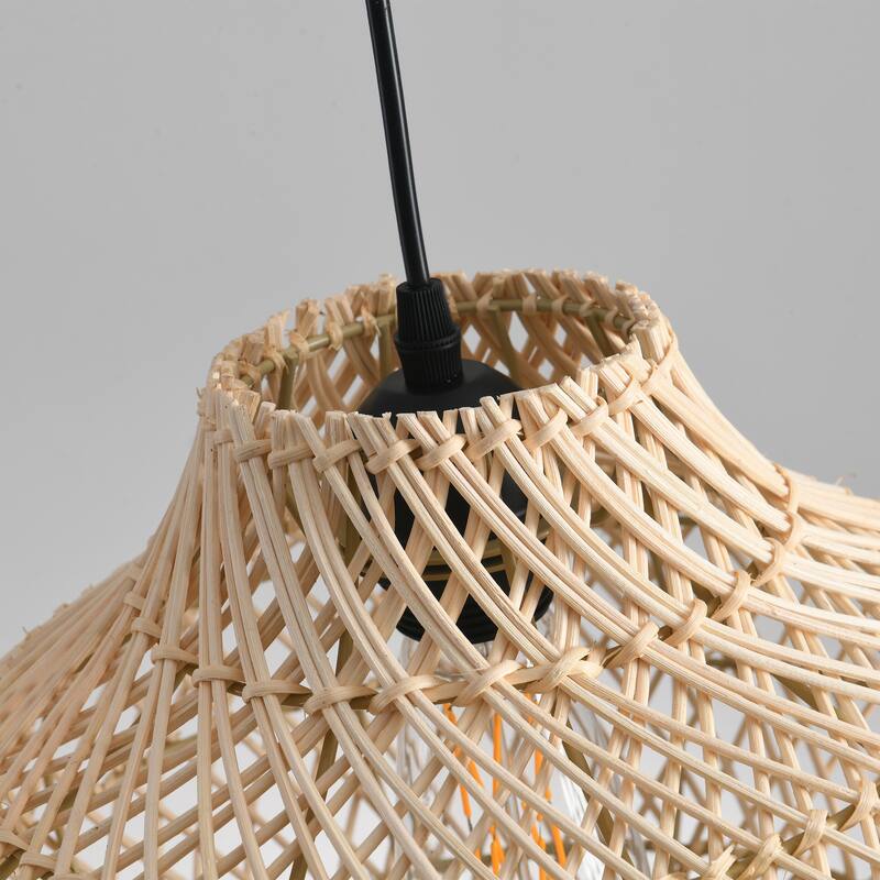 1-Light Boho Brown Rattan Hand-Woven Cloche Hanging Basket Pendant Light - 18.9" W x 59" H