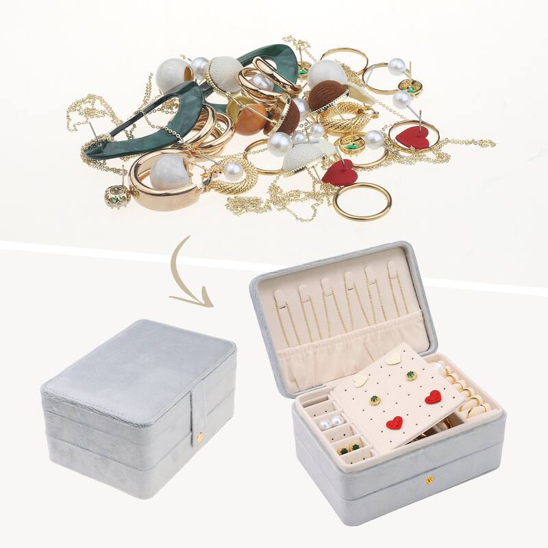 2 Layer Jewelry Box for Women, Plush Velvet Jewelry Organizer Case Storage Display Holder with Drawer, Removable Jewelry Tray - Grey