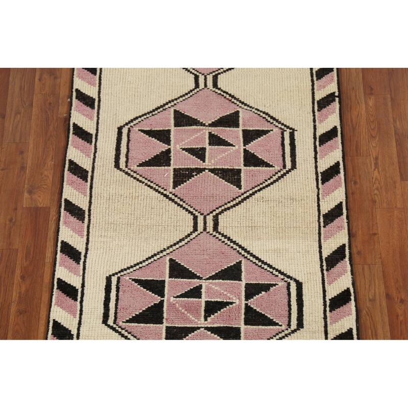 Geometric Anatolian Vintage Runner Rug Foyer Handmade Wool Carpet - 2'11"x 11'7"