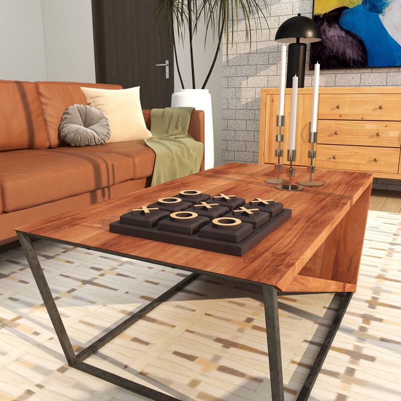 Wooden Tic Tac Toe Block Game Set with Steel or Light Wood Pieces - Black, Dark Brown, Gold - Roche River Decor