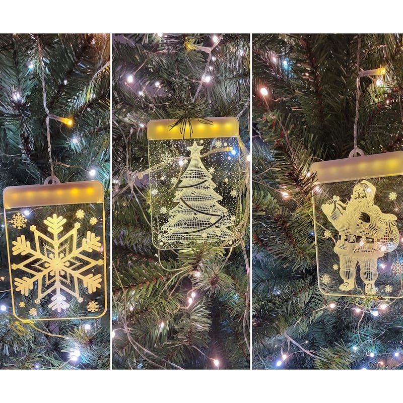Christmas Window Lights - 3D Acrylic LED Hanging Decoration Curtain Light Santa, Snowflake, Snowman, Tree & Jingle Bells USB