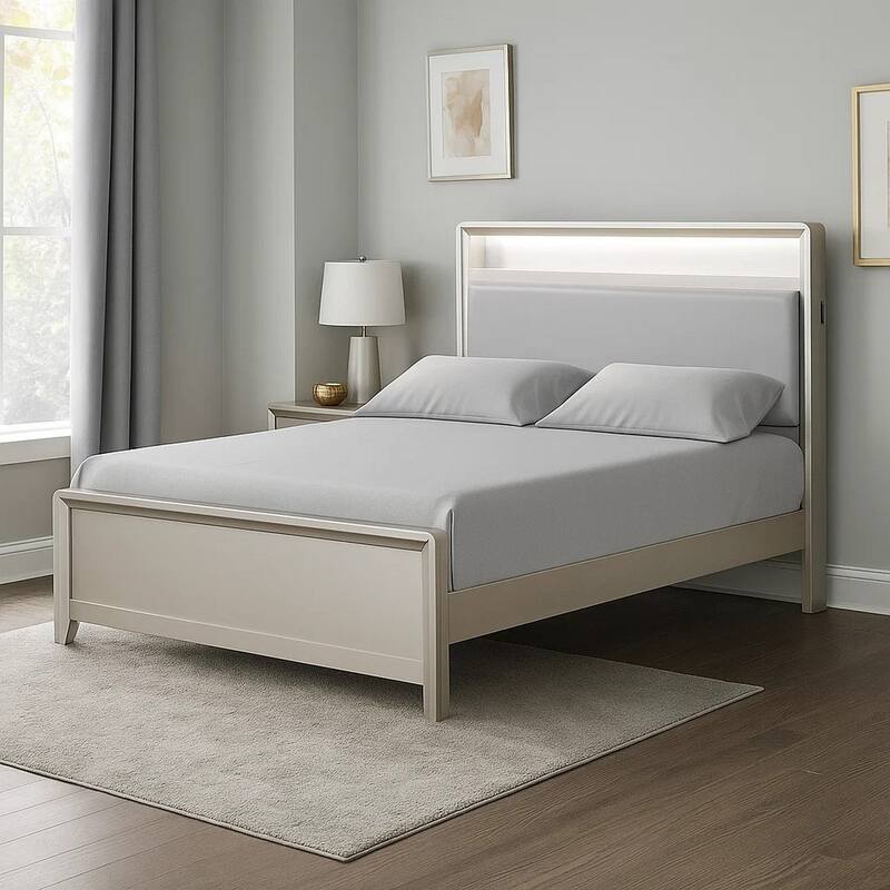 Broy Queen Size Bed w LED Bookcase Headboard, Champagne Silver Veneer