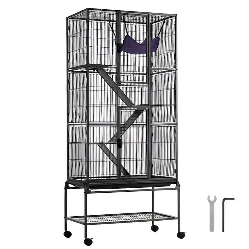 Black Iron & Plastic Ferret Cage with 4 Platforms, Rolling Wheels & Storage - Multi