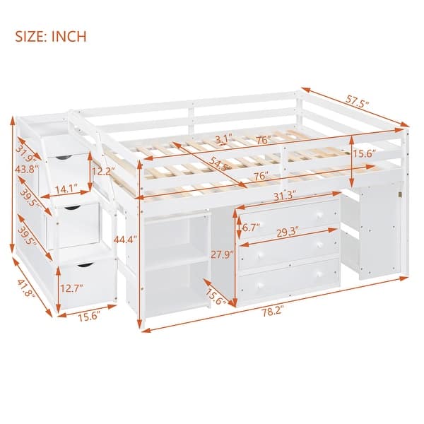 dimension image slide 1 of 2, White Full Size Solid Wood Loft Bed with Retractable Desk, Storage Stairs, Storage Drawers, and Shelves