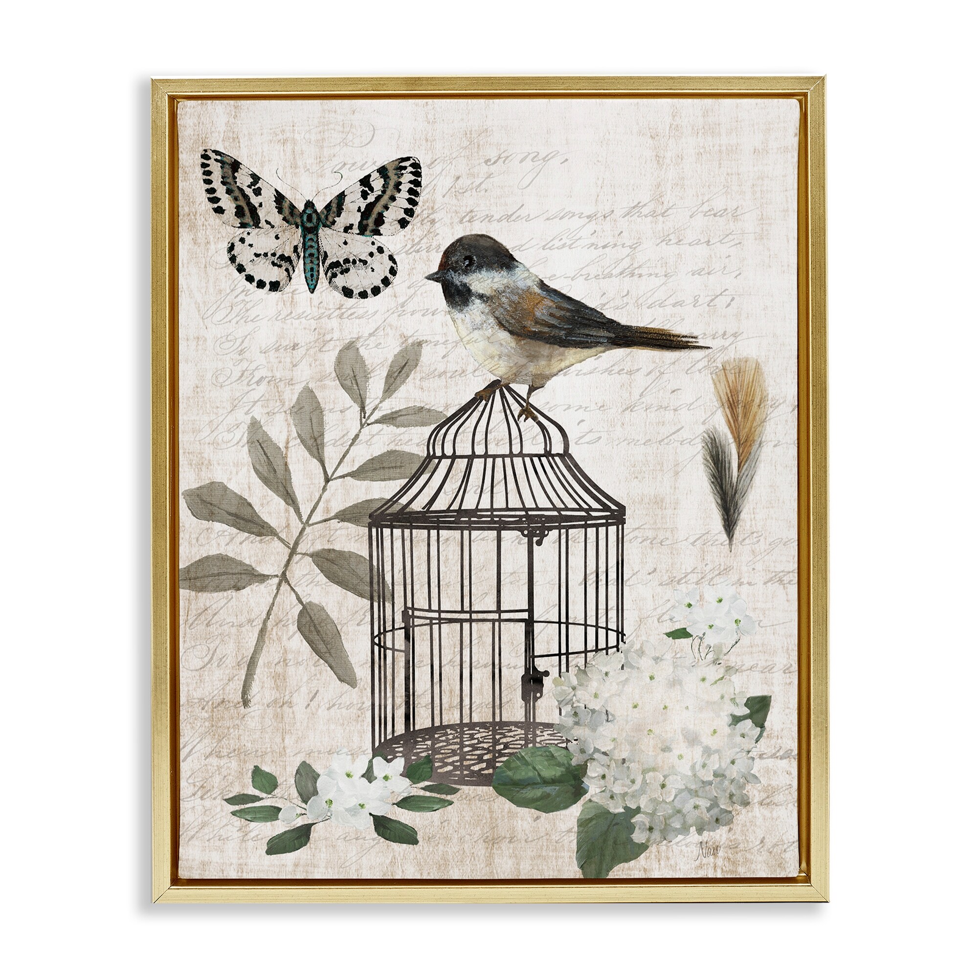 Stupell Vintage Menagerie Bird Florals Framed Floater Canvas Wall Art Design By Nan