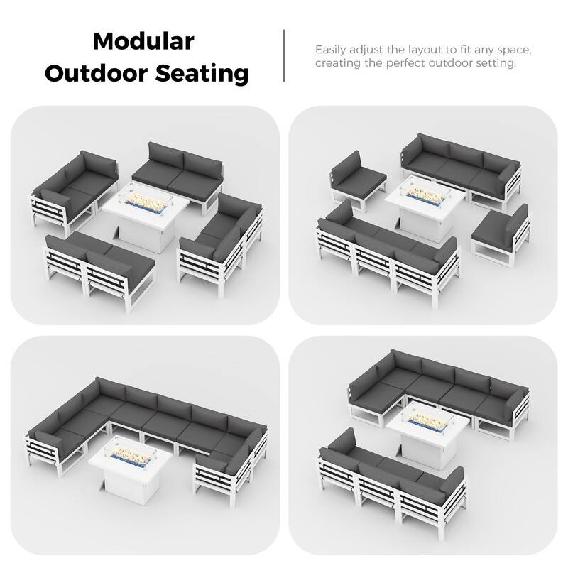 9-Piece Aluminum Outdoor Furniture Set With Fire Pit Table Propane/Natural Gas 60,000 BTU, Extra Large Aluminum Patio Sectional