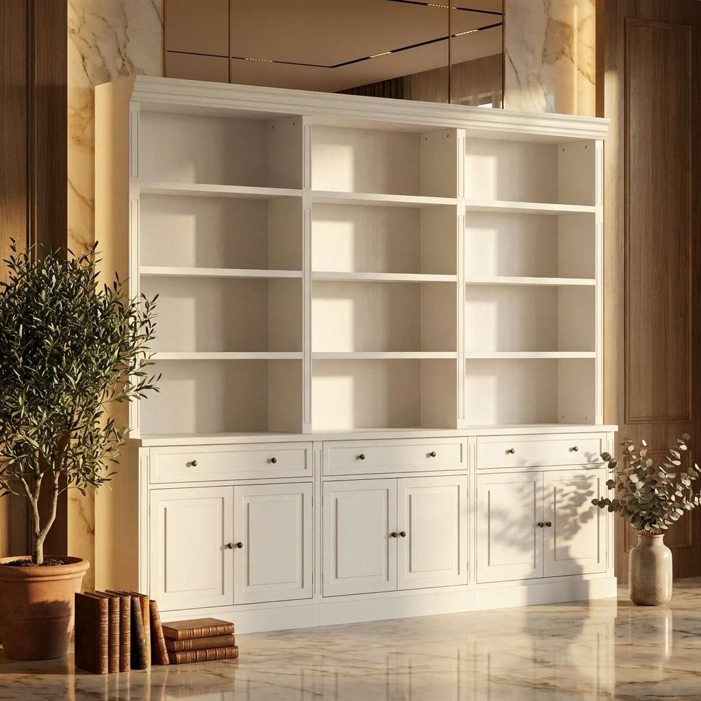 102.4" Large 6-Door Bookshelf w/Drawers Solid Pine Top Display Bookcase Bronze Handles White Storage Cabinet