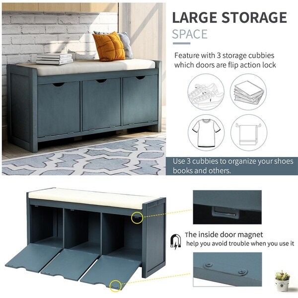 Entryway Storage Bench,Cushion&3 Flip Lock Cabinet,Living Room