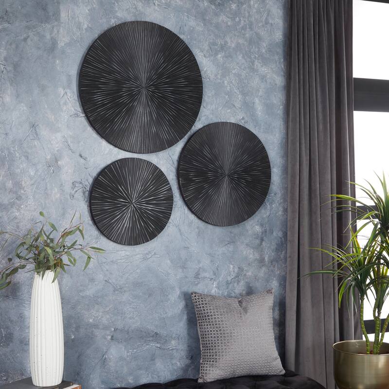 Wooden Plate Carved Radial Wall Decor - Set of 3 Gold, White, Black - CosmoLiving by Cosmopolitan