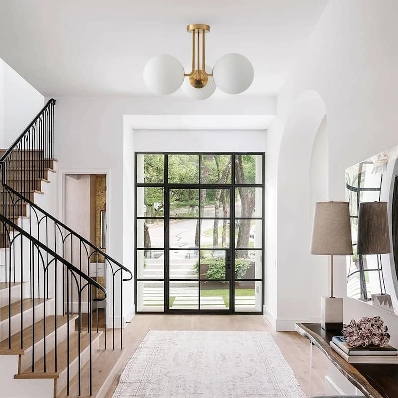 Modern Brushed Brass Semi Flush Mount Ceiling Light Fixture with White Globe Glass Shade