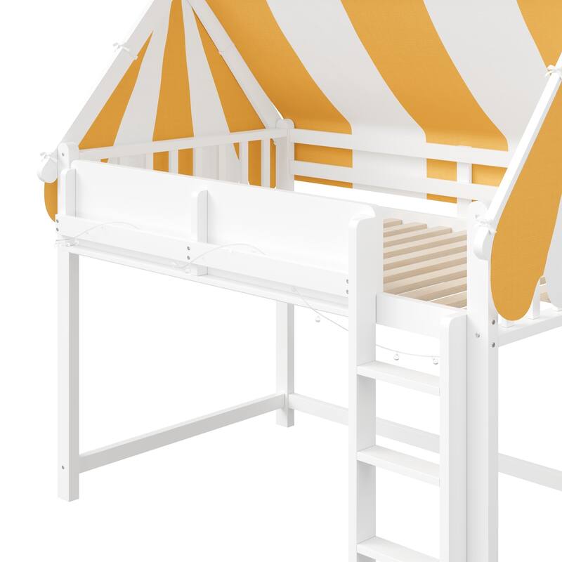 Full/Twin Size Loft Bed with Canopy, LED Lights & Bookshelf, Elevated Bed with Storage