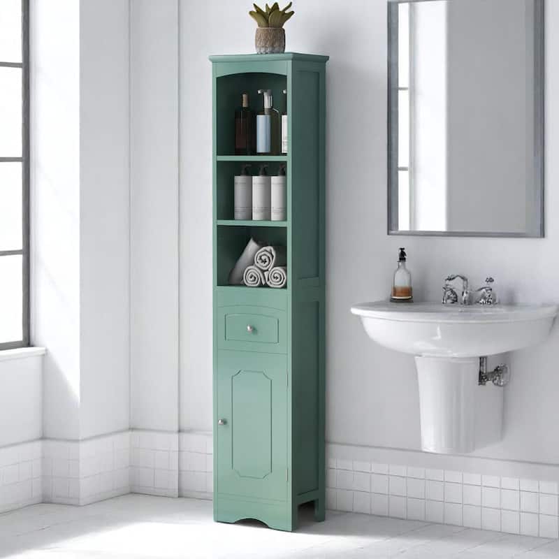 Slim Freestanding Bathroom Cabinet with Drawer and Doors, Adjustable Shelf, Waterproof MDF Storage Unit