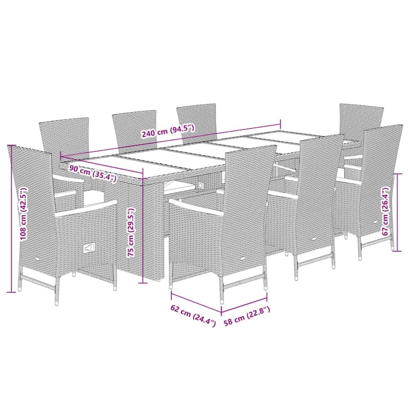 vidaXL Garden Dining Set Black, Cream White PE rattan, Steel, Acacia wood - 35.4 x 94.5 x 29.5