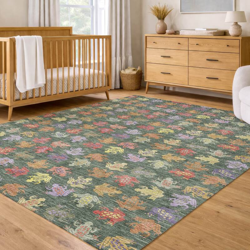 Machine Washable Indoor/ Outdoor Modern Frogs Chantille Rug