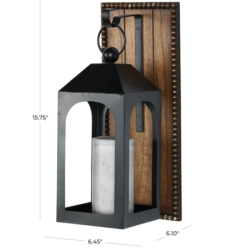Metal Suspended Arched Cutout Wall Sconce with Brown Wood Backing and Beaded Edge - Black - Roche River Decor