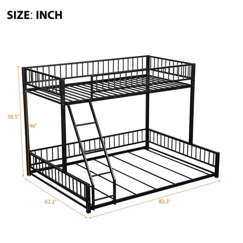 Metal Twin XL/Full XL over Queen Bunk Bed Frame with Ladder, Safety Rails, Space-Saving Floor Design