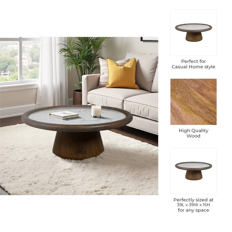 Mango Wood Marble Accent Table Round Drum Base Sculptural Design