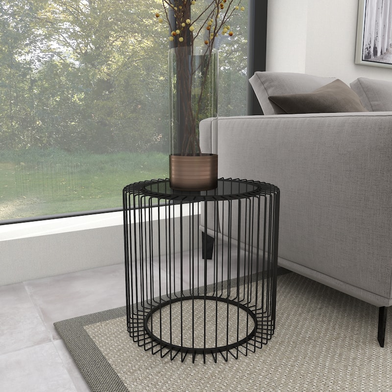 Metal Open Wire Frame Accent Table with Shaded Glass Top - Black - Roche River Decor