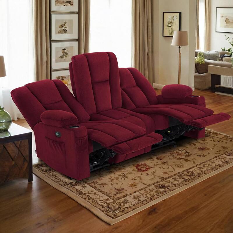 MCombo Electric Power Reclining Sofa with Massage and Lumbar Heat, Fabric 6015/6025/6035/6045 - Reclining Sofa - Burgundy