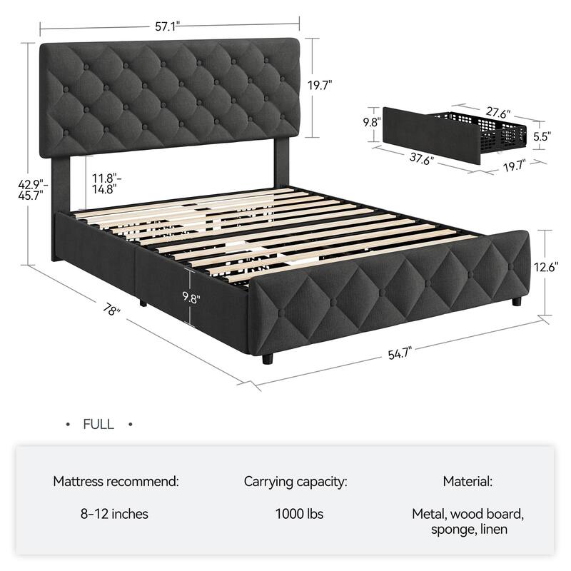Linen Upholstered Platform Bed Frame Diamond Stitched Button Tufted