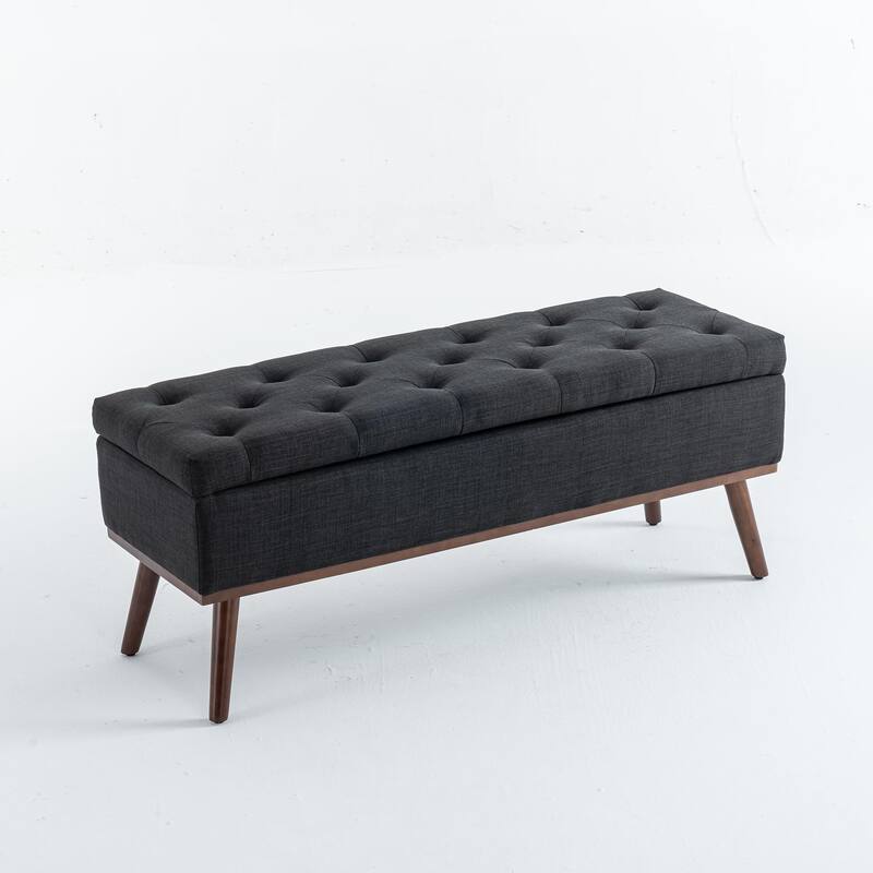 Linen Storage Ottoman Bench with Wood Legs, Upholstered Entryway Bench Tufted Mid Century Modern Ottoman Bedroom End of Bed - Charcoal