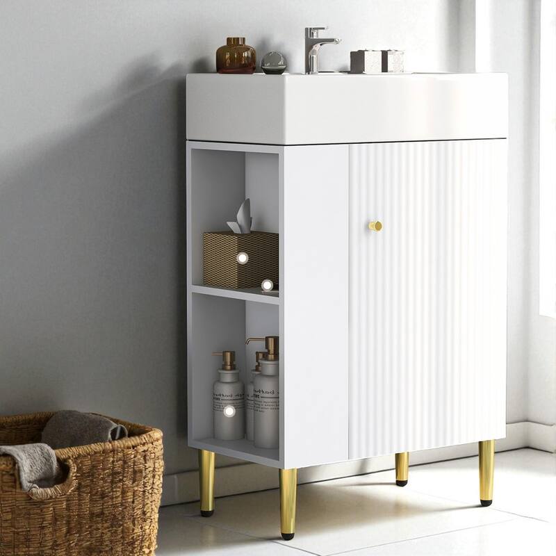 21.6" White Bathroom Vanity with Ceramic Sink Freestanding Cabinet Left Side Storage and Soft Close Door