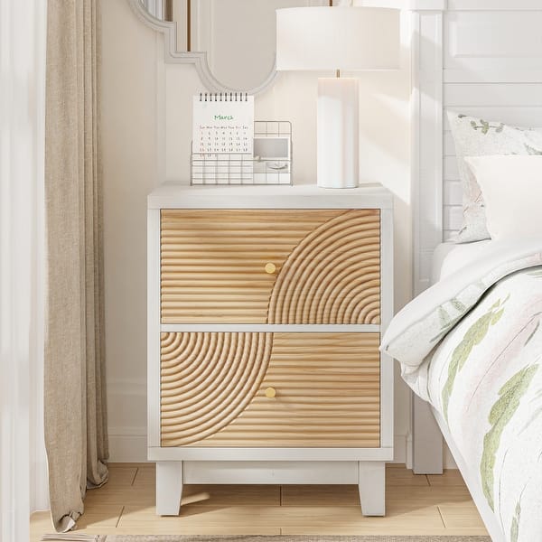 COZAYH 3-Drawer Farmhouse Dresser with Handicraft Wood Ring Motif, Rustic Nightstand Wooden Finish, Boho, Natural Wood