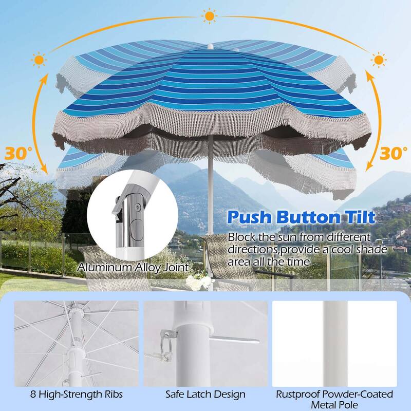 6.5 FT Outdoor Fringe Patio Umbrella w/ Carrying Bag & Push Button