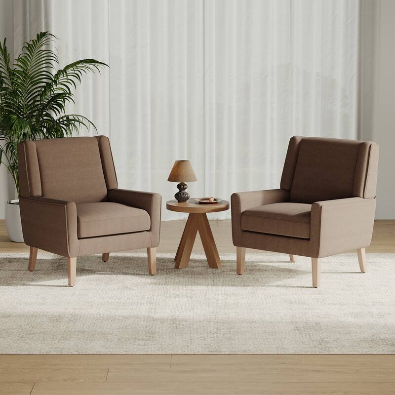 Mid-Century Linen Wing Chair - Tailored Channel Tufting & Walnut Tapered Legs, Compact Accent for Reading Nooks - Set of 2 - Brown