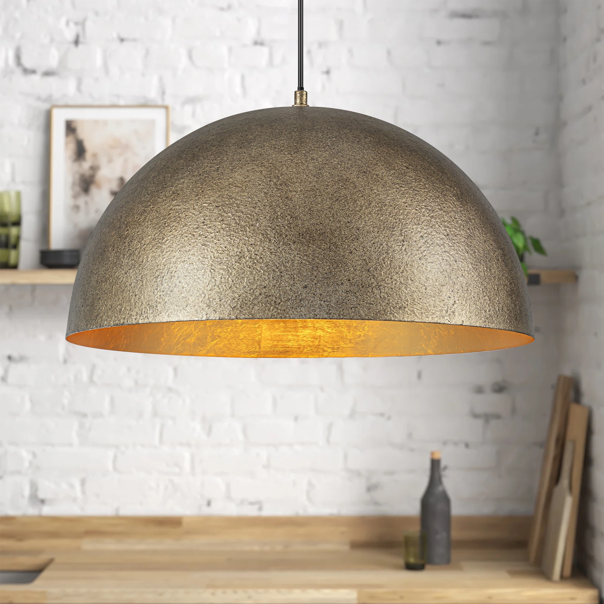 Rennnsan 1-Light Modern Industrial Oversized Dome Gold Leaf Pendant Kitchen Island Lighting - 19.6 in. W x 11 in. H