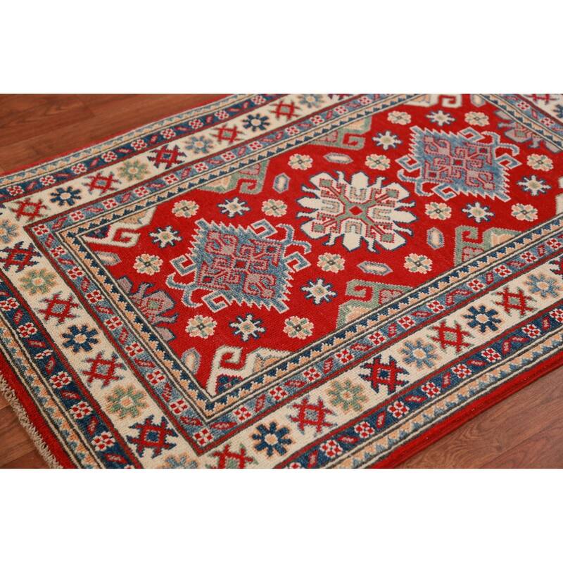 Traditional Kazak Oriental Rug Hand-Knotted Geometric Wool Carpet - 2'8"x 4'0"