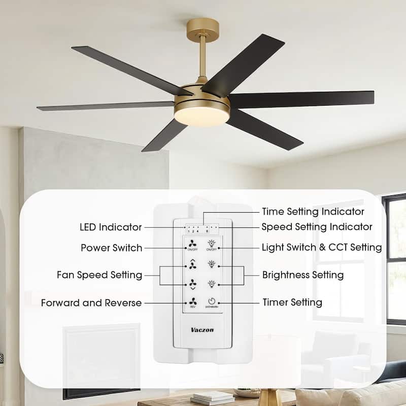 60" Transitional Brass Reversible Blades Smart Ceiling Fan with Dimmable LED Light and Remote