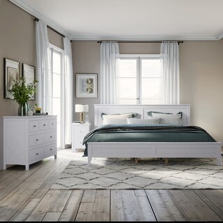 3-Pieces White Bedroom Sets, King Size Wood Platform Bed with ...